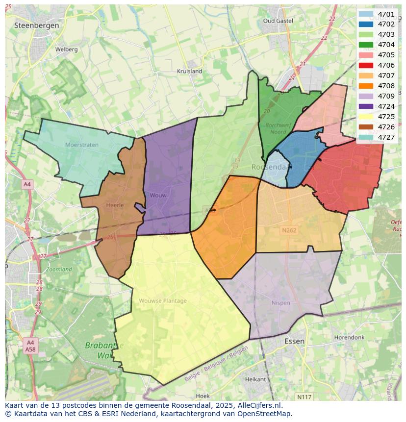 Afbeelding van de postcodes in de gemeente Roosendaal op de kaart.