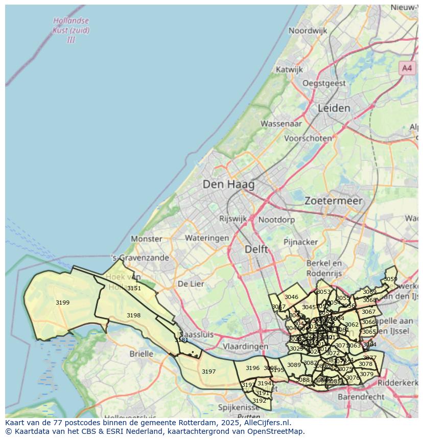 Afbeelding van de postcodes in de gemeente Rotterdam op de kaart.