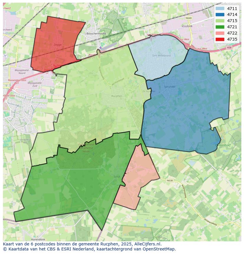 Afbeelding van de postcodes in de gemeente Rucphen op de kaart.