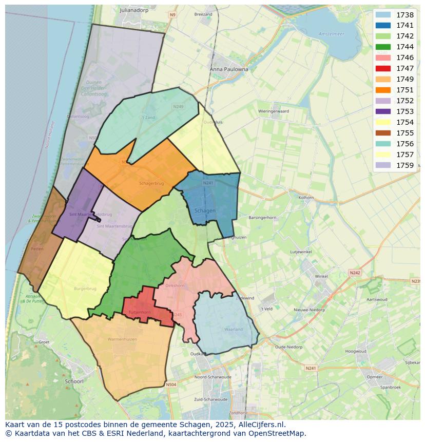 Afbeelding van de postcodes in de gemeente Schagen op de kaart.