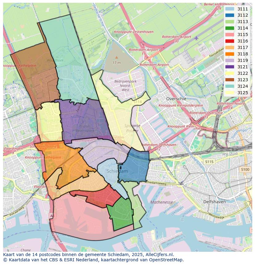 Afbeelding van de postcodes in de gemeente Schiedam op de kaart.