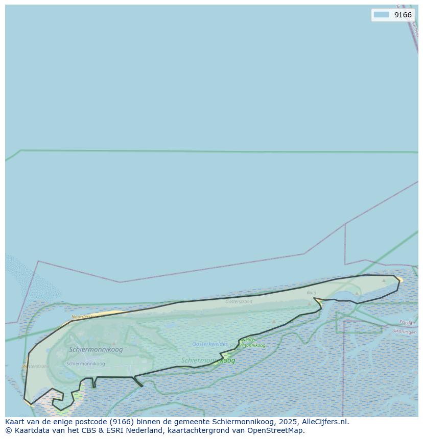 Afbeelding van de postcodes in de gemeente Schiermonnikoog op de kaart.