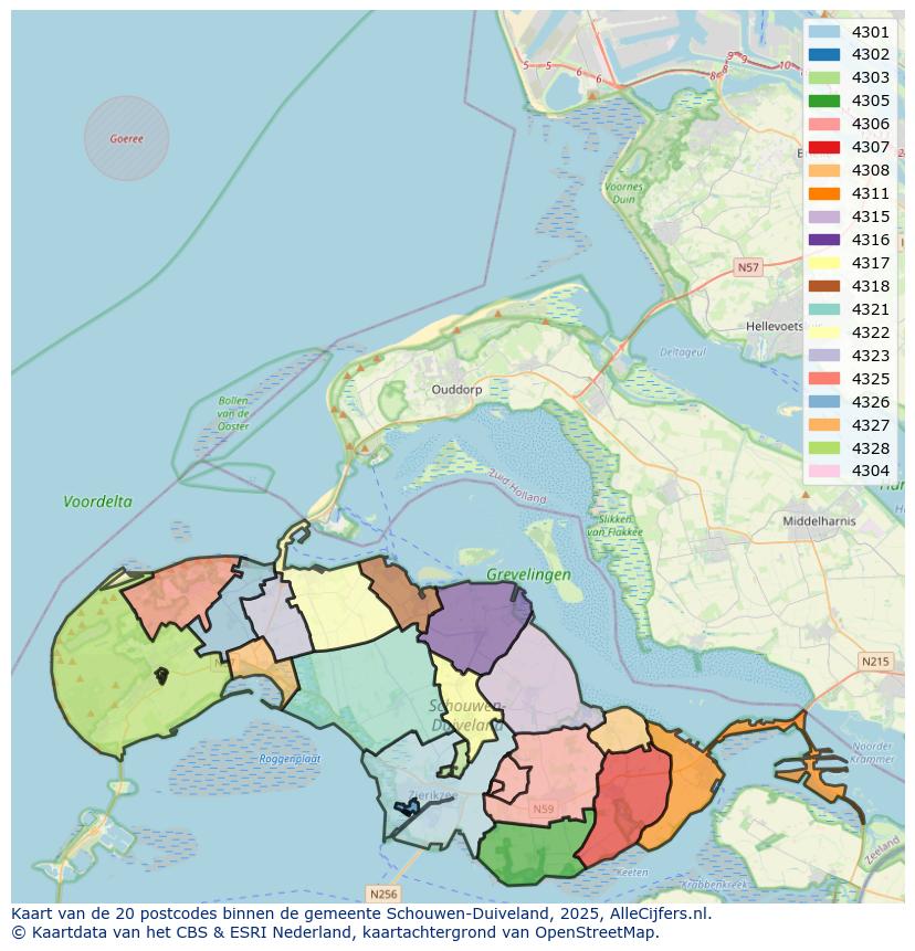 Afbeelding van de postcodes in de gemeente Schouwen-Duiveland op de kaart.