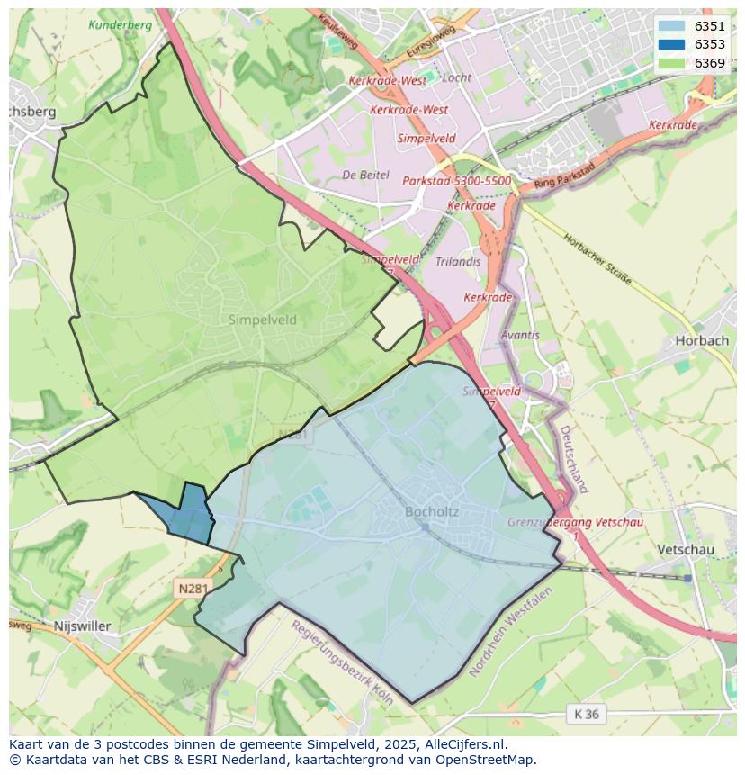 Afbeelding van de postcodes in de gemeente Simpelveld op de kaart.