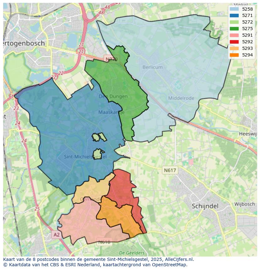 Afbeelding van de postcodes in de gemeente Sint-Michielsgestel op de kaart.