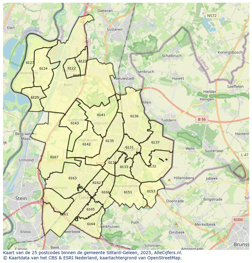 Afbeelding van de postcodes in de gemeente Sittard-Geleen op de kaart.