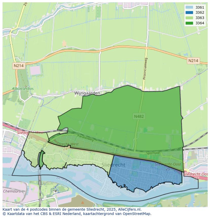 Afbeelding van de postcodes in de gemeente Sliedrecht op de kaart.