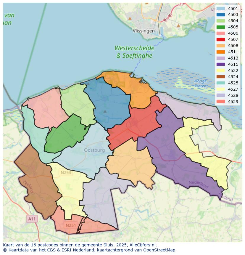 Afbeelding van de postcodes in de gemeente Sluis op de kaart.