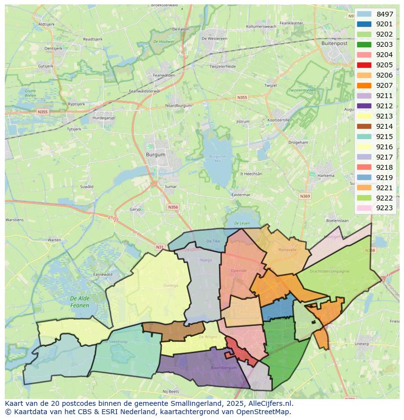Afbeelding van de postcodes in de gemeente Smallingerland op de kaart.