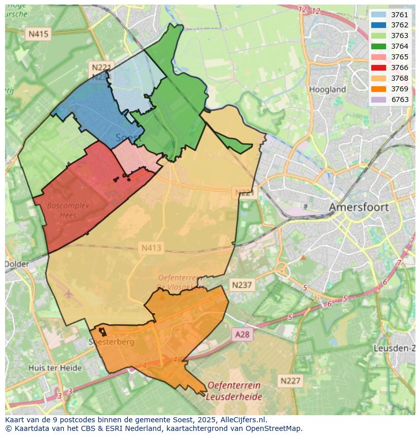 Afbeelding van de postcodes in de gemeente Soest op de kaart.