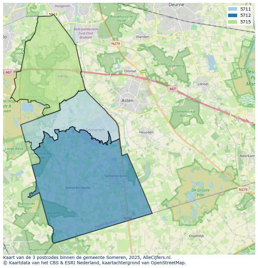 Afbeelding van de postcodes in de gemeente Someren op de kaart.