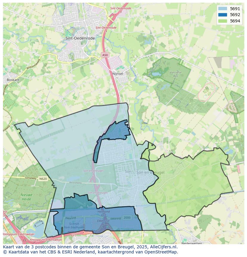 Afbeelding van de postcodes in de gemeente Son en Breugel op de kaart.