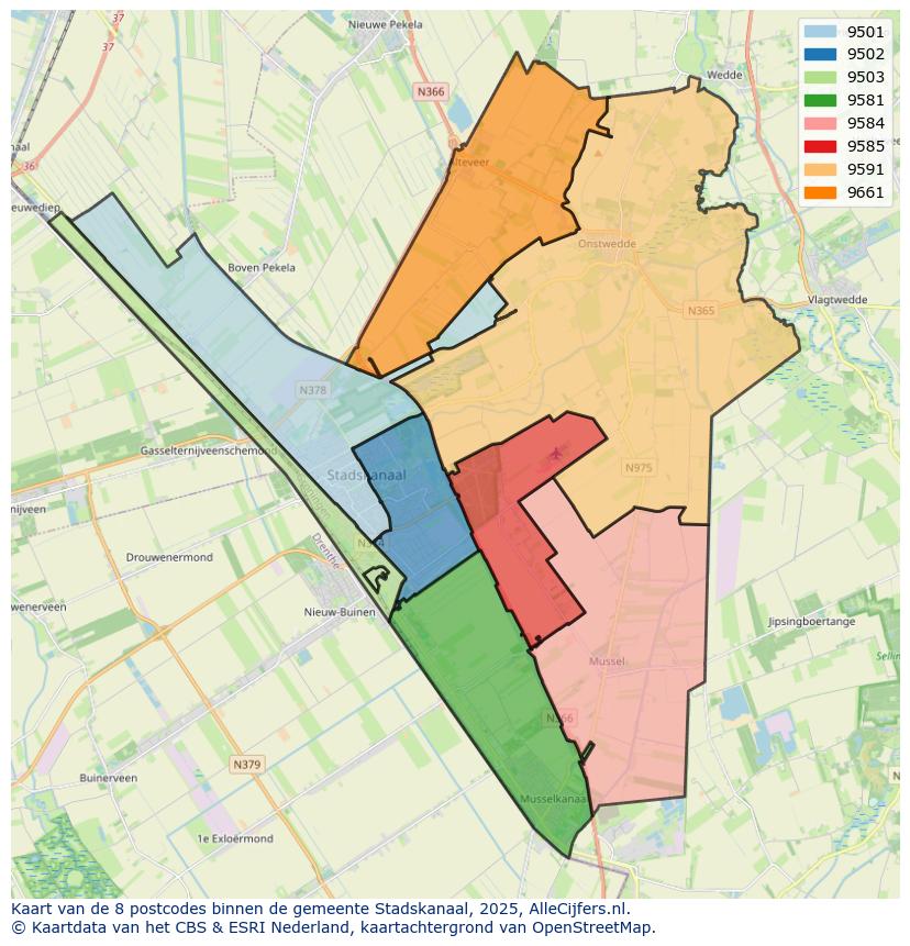 Afbeelding van de postcodes in de gemeente Stadskanaal op de kaart.