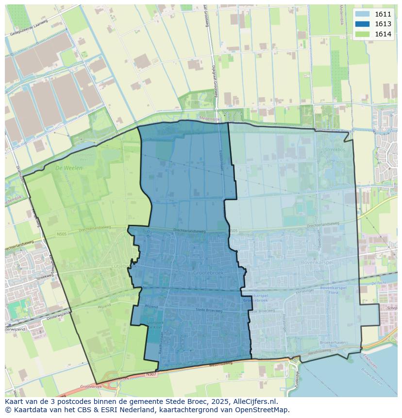 Afbeelding van de postcodes in de gemeente Stede Broec op de kaart.