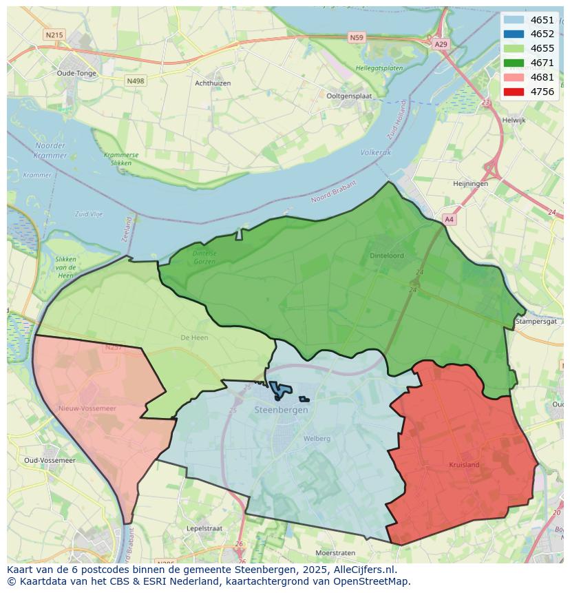 Afbeelding van de postcodes in de gemeente Steenbergen op de kaart.