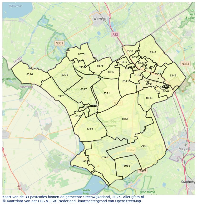 Afbeelding van de postcodes in de gemeente Steenwijkerland op de kaart.