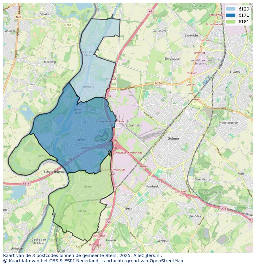 Afbeelding van de postcodes in de gemeente Stein op de kaart.