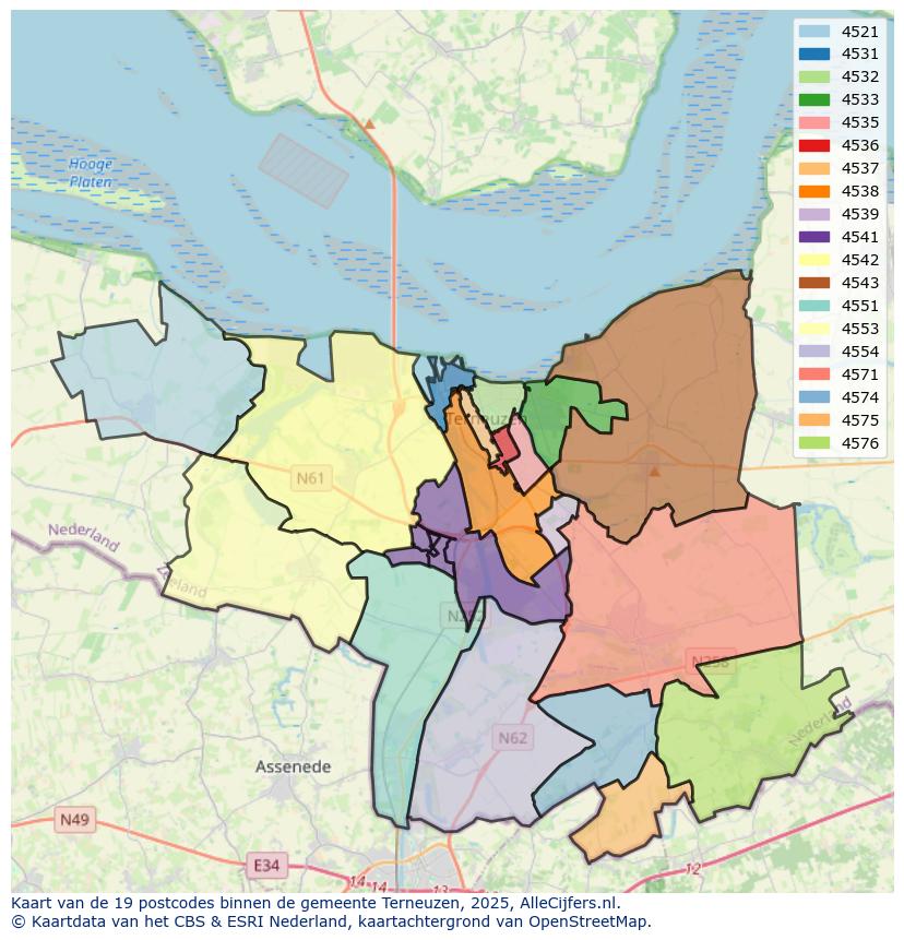 Afbeelding van de postcodes in de gemeente Terneuzen op de kaart.