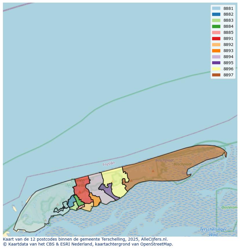 Afbeelding van de postcodes in de gemeente Terschelling op de kaart.