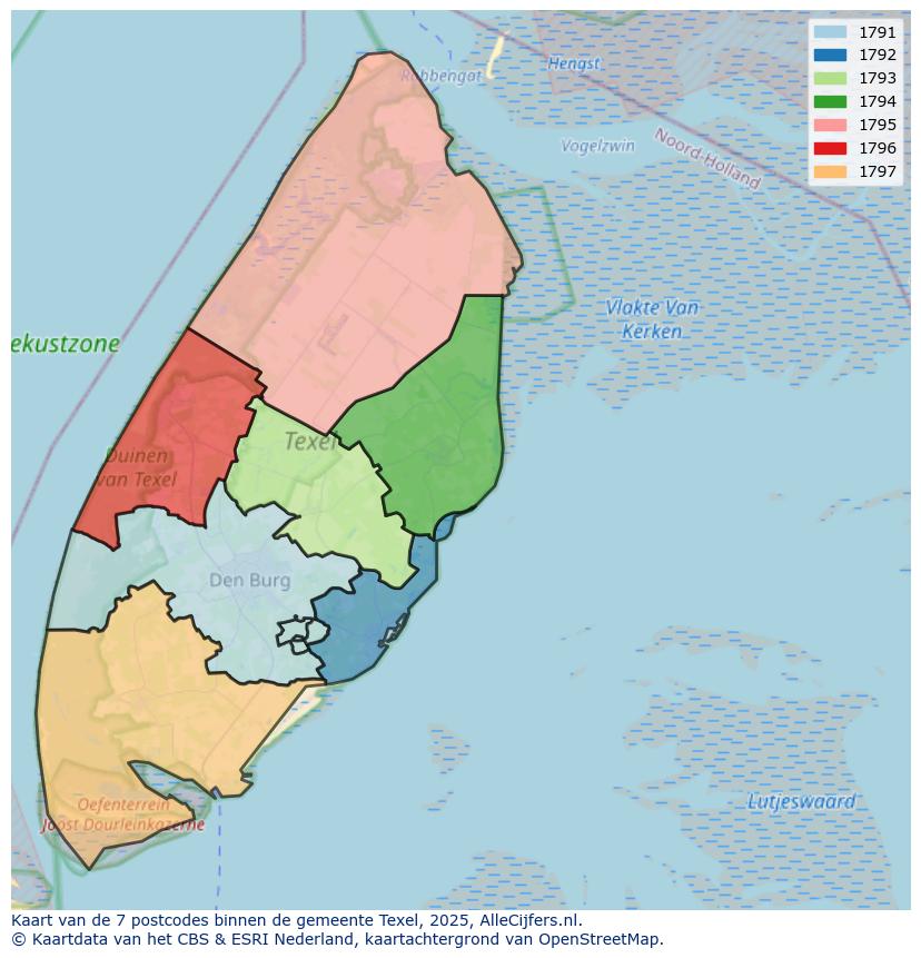 Afbeelding van de postcodes in de gemeente Texel op de kaart.