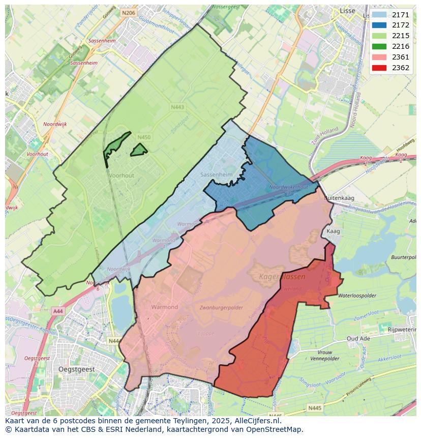 Afbeelding van de postcodes in de gemeente Teylingen op de kaart.