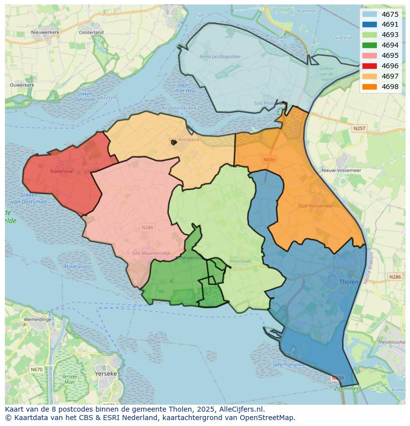 Afbeelding van de postcodes in de gemeente Tholen op de kaart.
