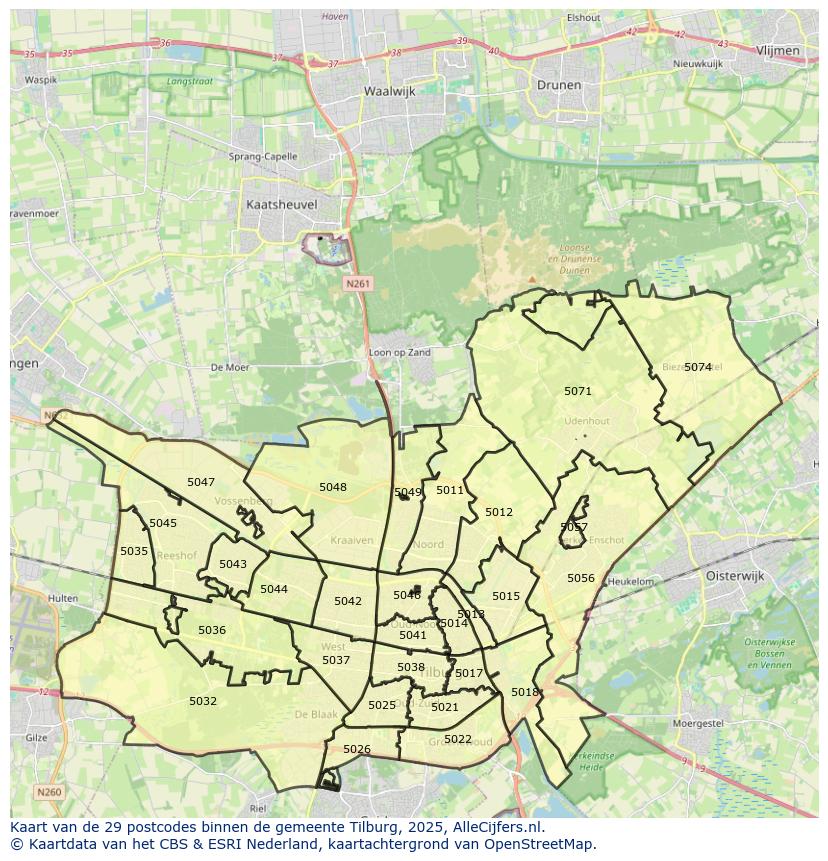 Afbeelding van de postcodes in de gemeente Tilburg op de kaart.