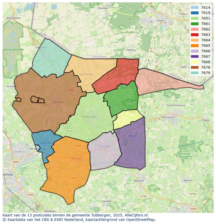Afbeelding van de postcodes in de gemeente Tubbergen op de kaart.