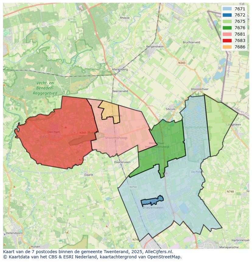 Afbeelding van de postcodes in de gemeente Twenterand op de kaart.