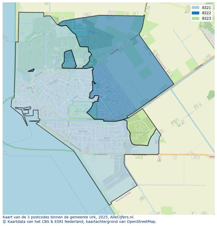 Afbeelding van de postcodes in de gemeente Urk op de kaart.