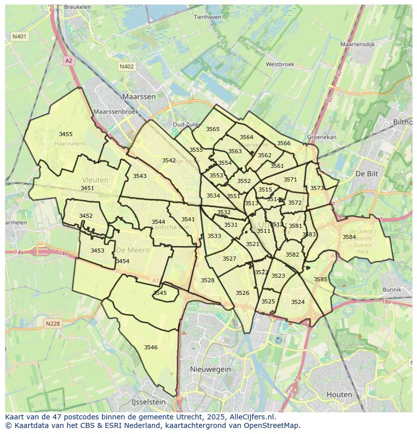 Afbeelding van de postcodes in de gemeente Utrecht op de kaart.