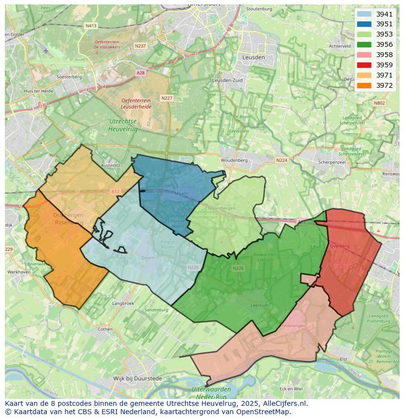 Afbeelding van de postcodes in de gemeente Utrechtse Heuvelrug op de kaart.