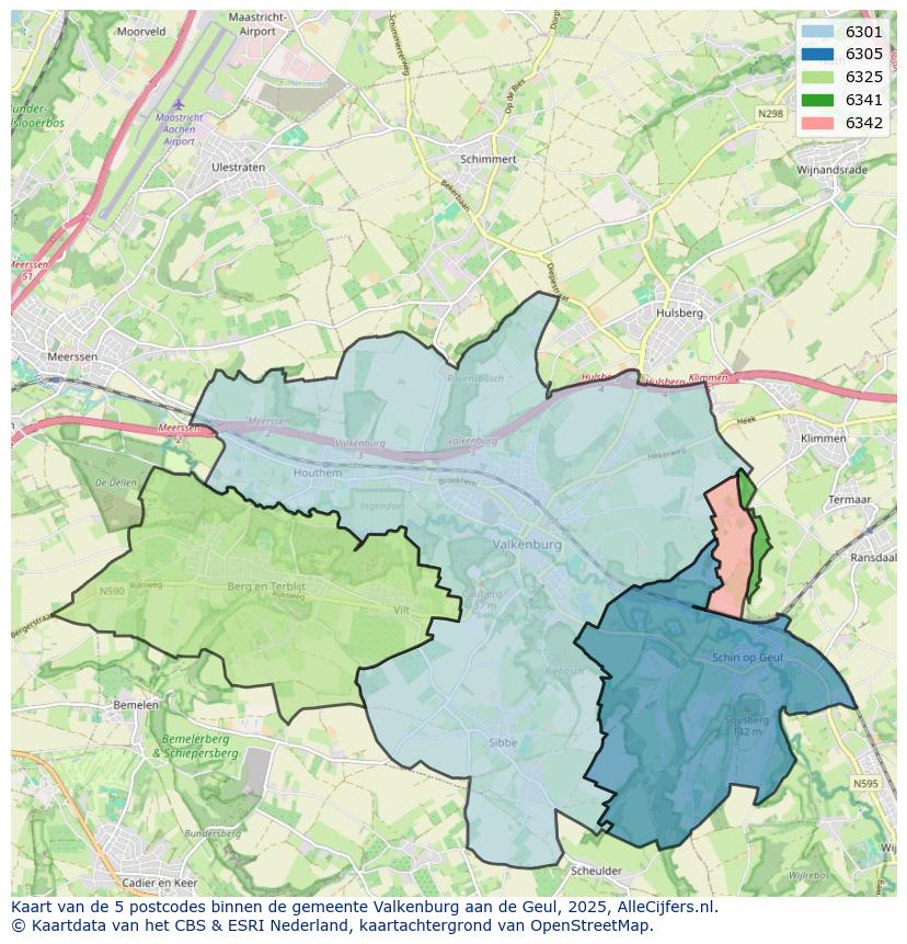 Afbeelding van de postcodes in de gemeente Valkenburg aan de Geul op de kaart.