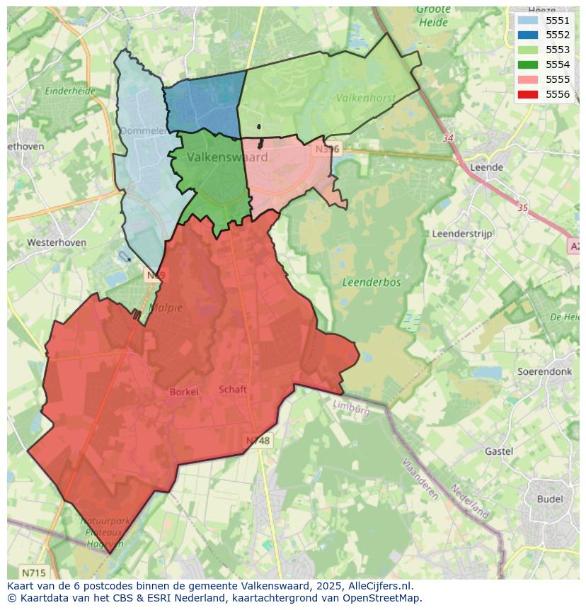 Afbeelding van de postcodes in de gemeente Valkenswaard op de kaart.