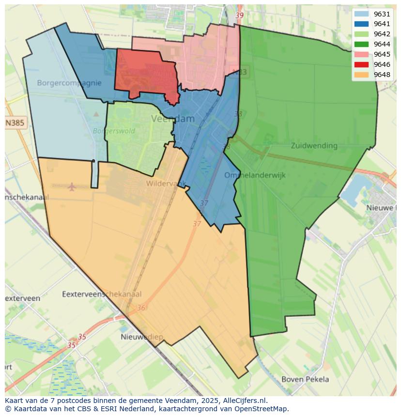 Afbeelding van de postcodes in de gemeente Veendam op de kaart.
