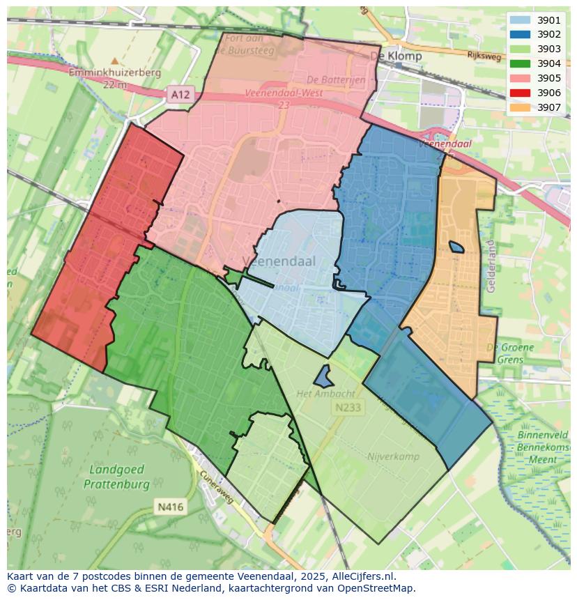 Afbeelding van de postcodes in de gemeente Veenendaal op de kaart.