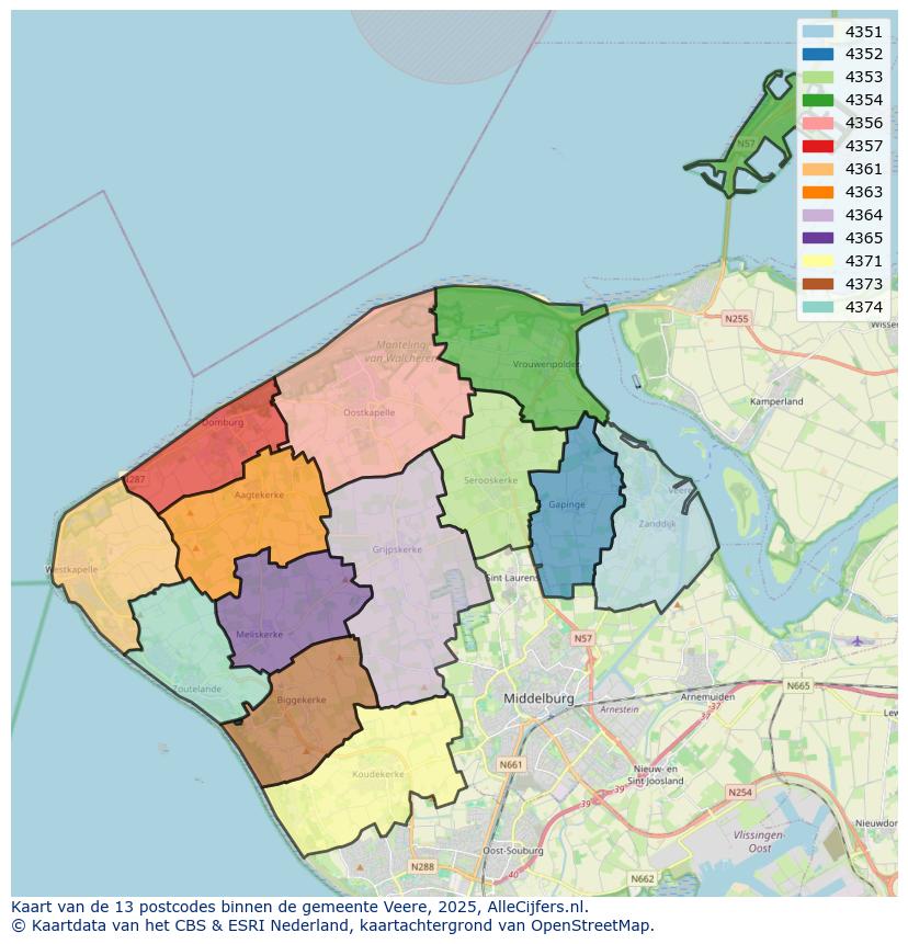 Afbeelding van de postcodes in de gemeente Veere op de kaart.