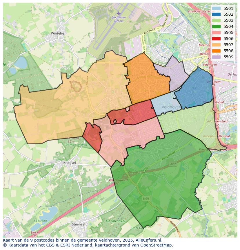 Afbeelding van de postcodes in de gemeente Veldhoven op de kaart.
