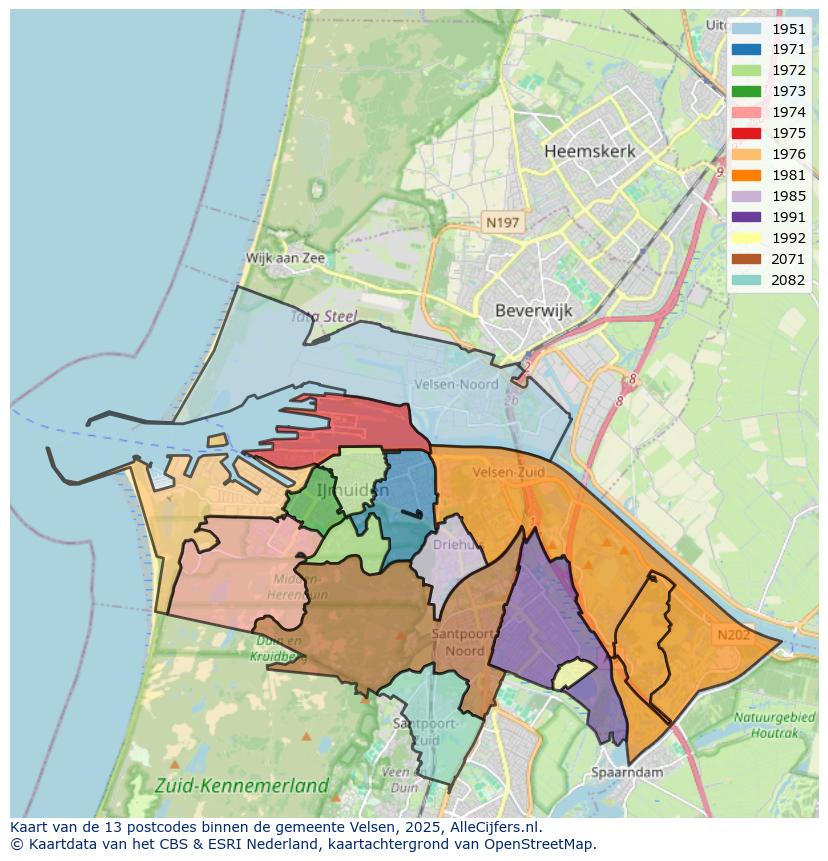 Afbeelding van de postcodes in de gemeente Velsen op de kaart.