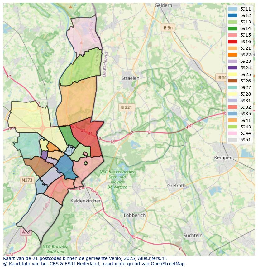 Afbeelding van de postcodes in de gemeente Venlo op de kaart.