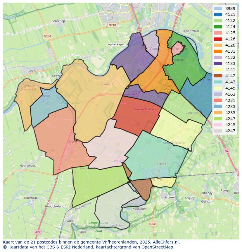 Afbeelding van de postcodes in de gemeente Vijfheerenlanden op de kaart.