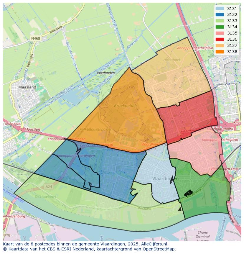 Afbeelding van de postcodes in de gemeente Vlaardingen op de kaart.