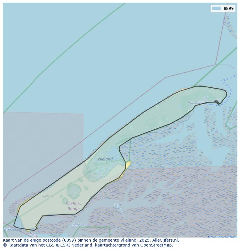 Afbeelding van de postcodes in de gemeente Vlieland op de kaart.
