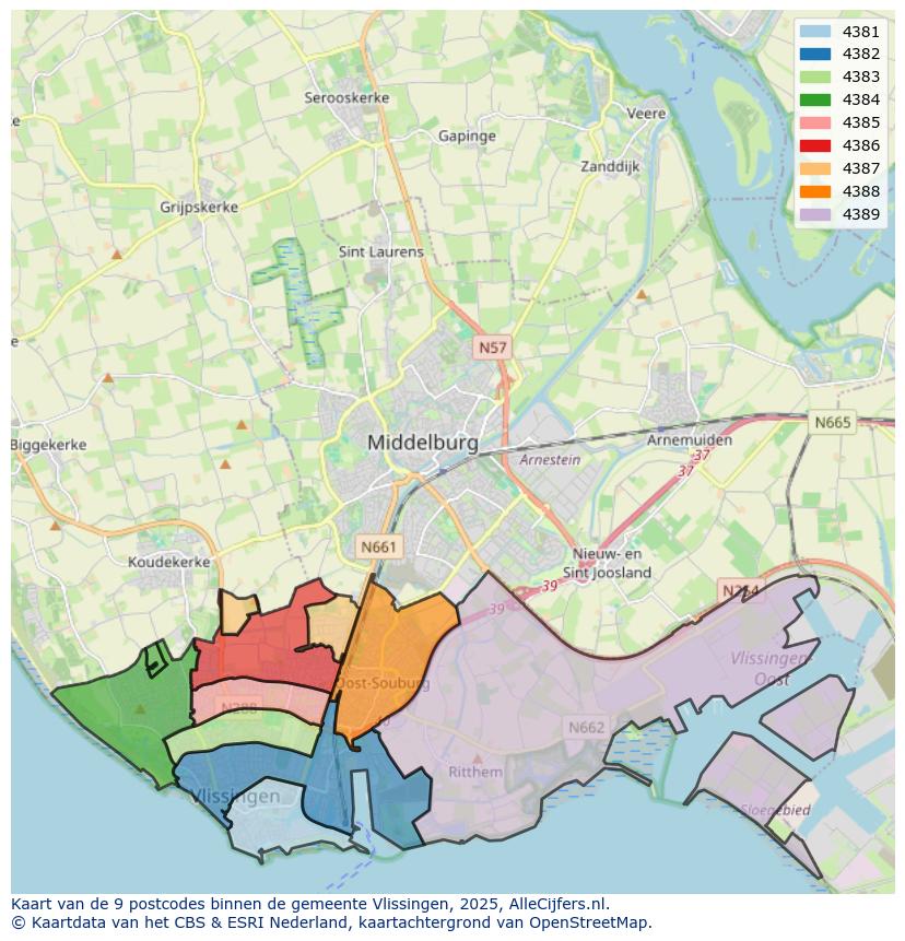 Afbeelding van de postcodes in de gemeente Vlissingen op de kaart.