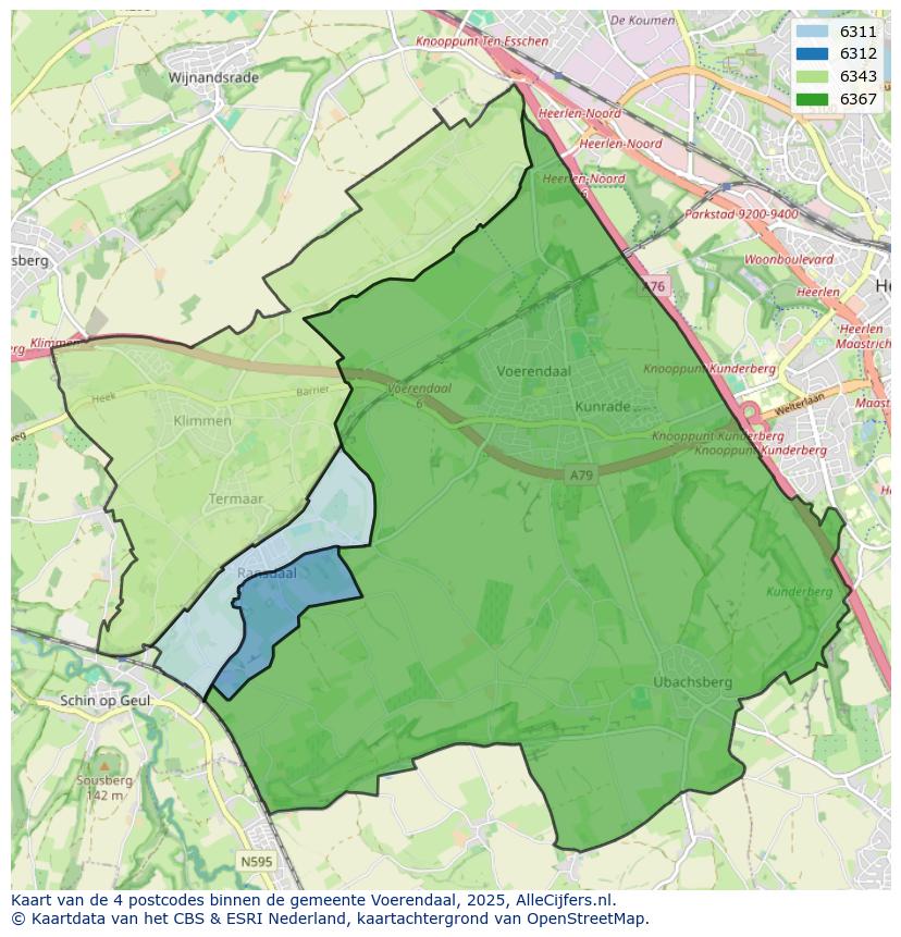 Afbeelding van de postcodes in de gemeente Voerendaal op de kaart.