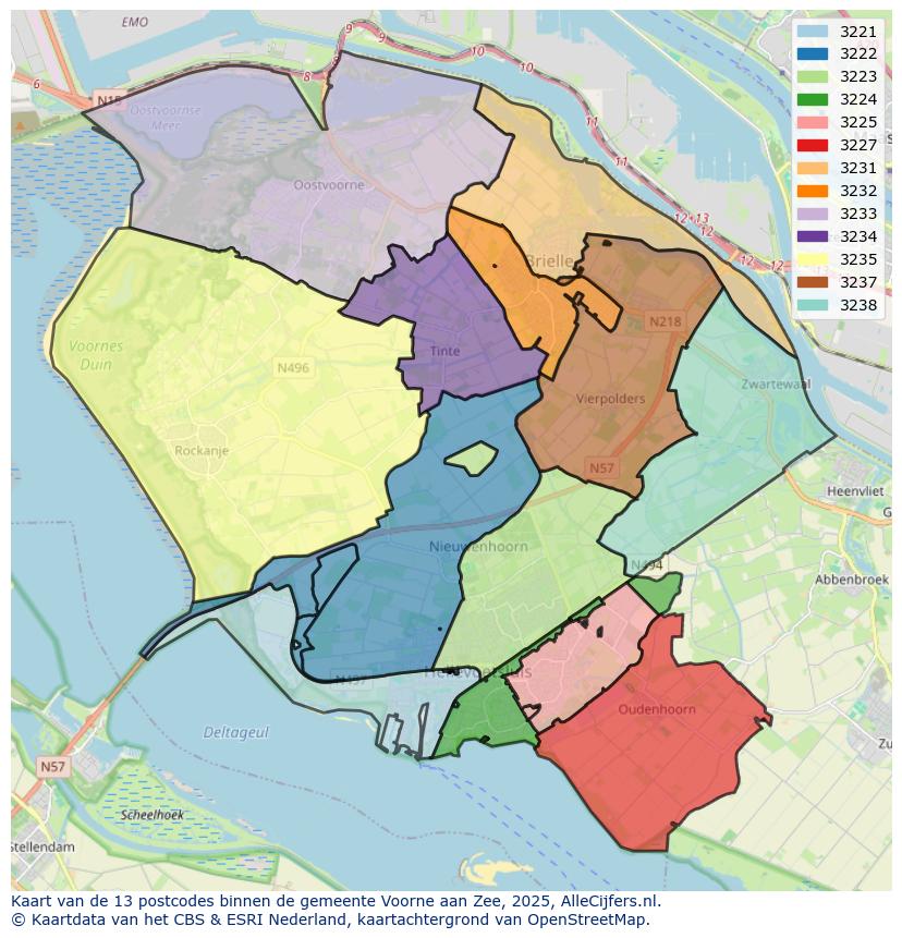 Afbeelding van de postcodes in de gemeente Voorne aan Zee op de kaart.