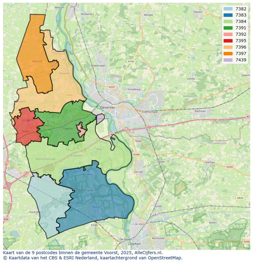 Afbeelding van de postcodes in de gemeente Voorst op de kaart.