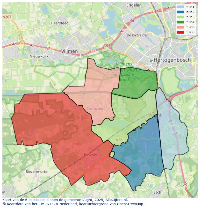 Afbeelding van de postcodes in de gemeente Vught op de kaart.