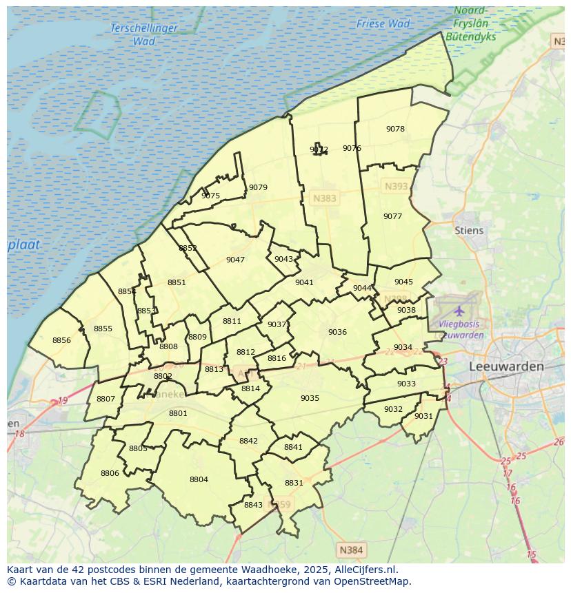 Afbeelding van de postcodes in de gemeente Waadhoeke op de kaart.