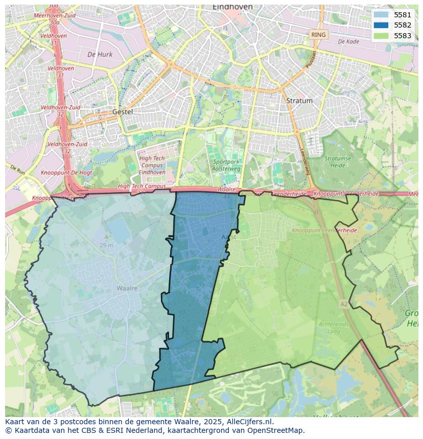 Afbeelding van de postcodes in de gemeente Waalre op de kaart.